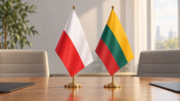 Neutralna ilustracja flag Polski i Litwy na pustym stole
