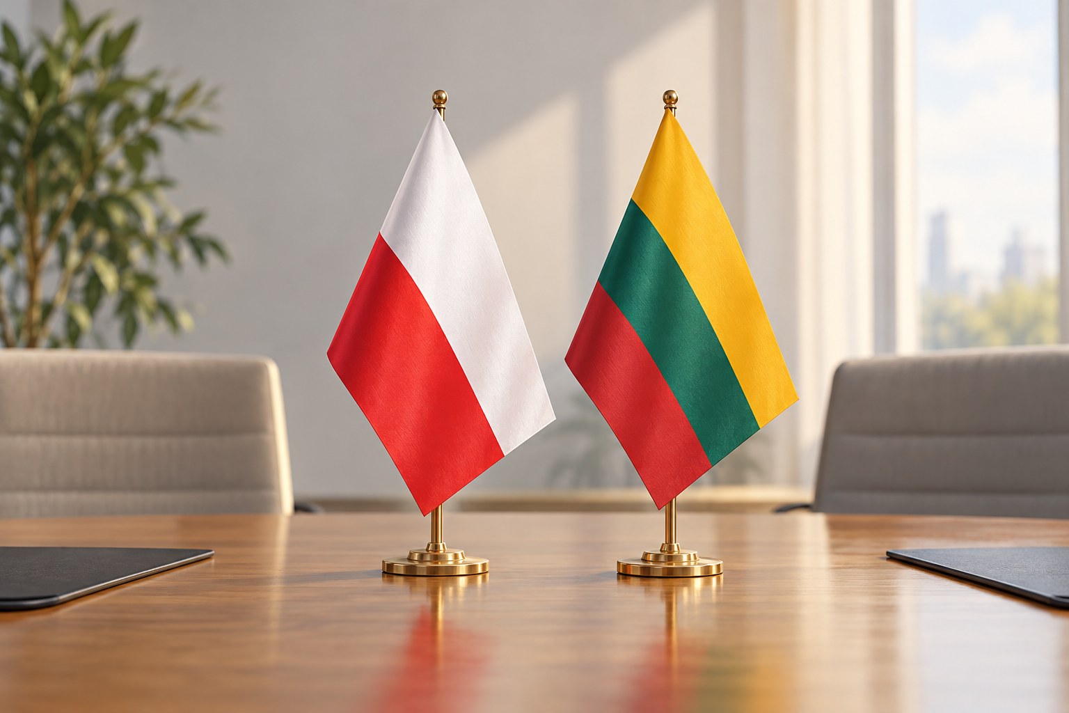 Neutralna ilustracja flag Polski i Litwy na pustym stole