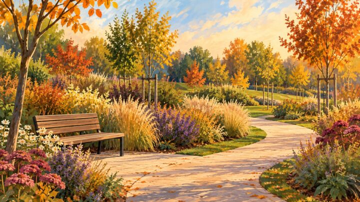 Wyobrażony park z rabatami, ścieżką i ławką, ilustracja ogólna