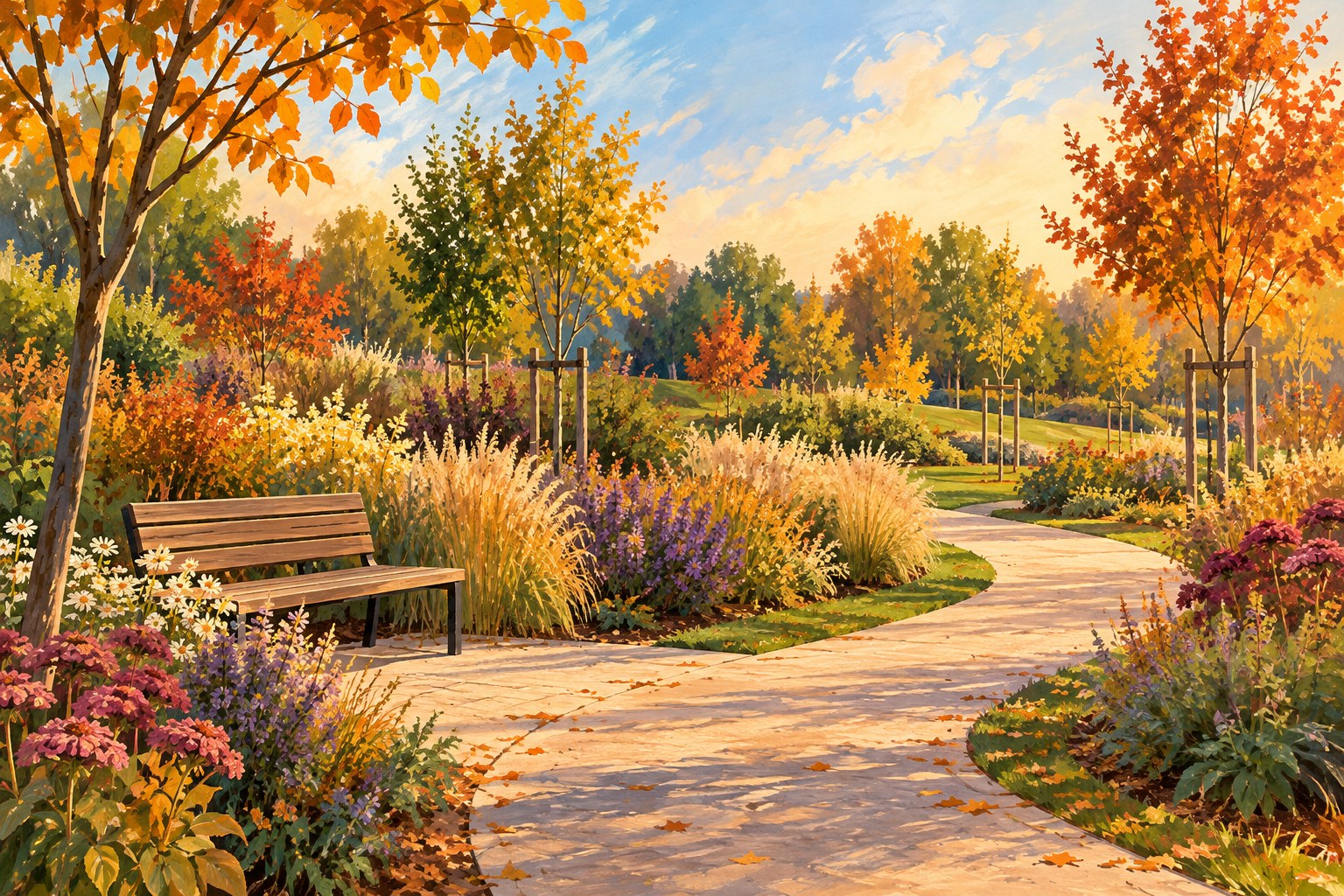 Wyobrażony park z rabatami, ścieżką i ławką, ilustracja ogólna