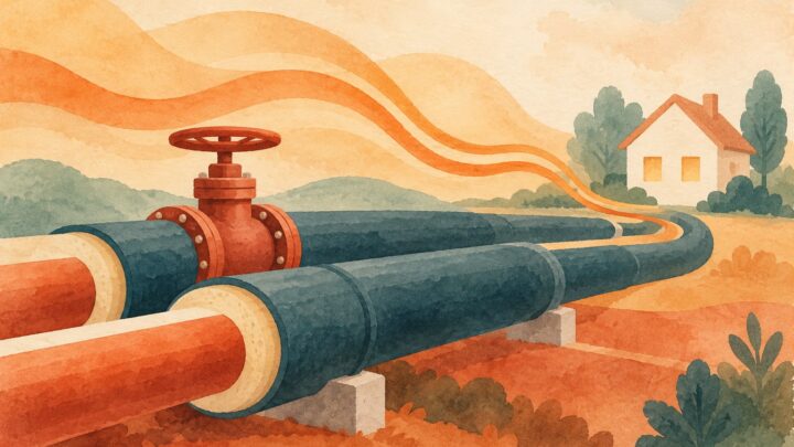 Symboliczna ilustracja rur ciepłowniczych z zaworem i domu