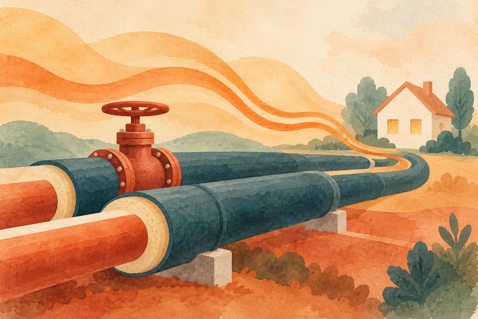 Symboliczna ilustracja rur ciepłowniczych z zaworem i domu